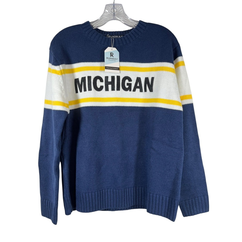NWT Runway Athletics Sz S Sweater Michigan Knit Pullover Blue Maize Crew Neck